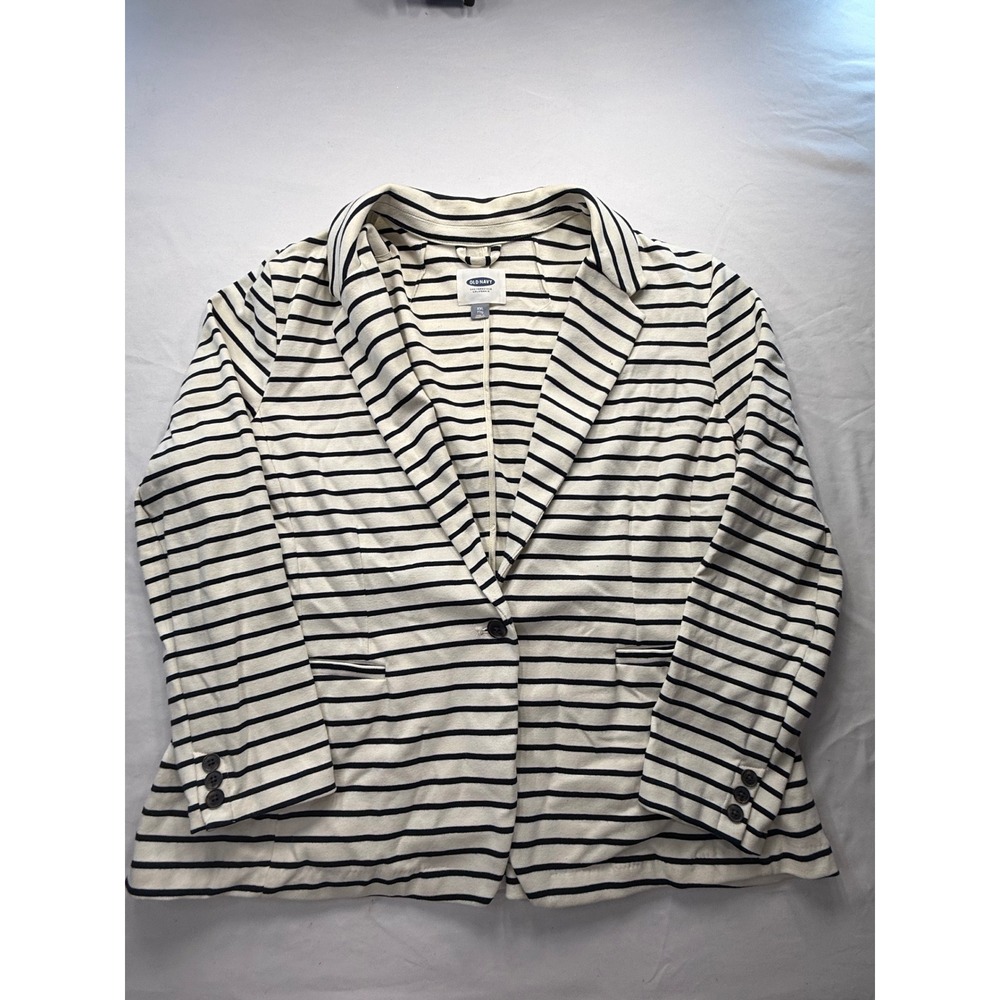 Old Navy Women XXL Striped Knit Blazer Jacket Cream Navy Blue Nautical Casual